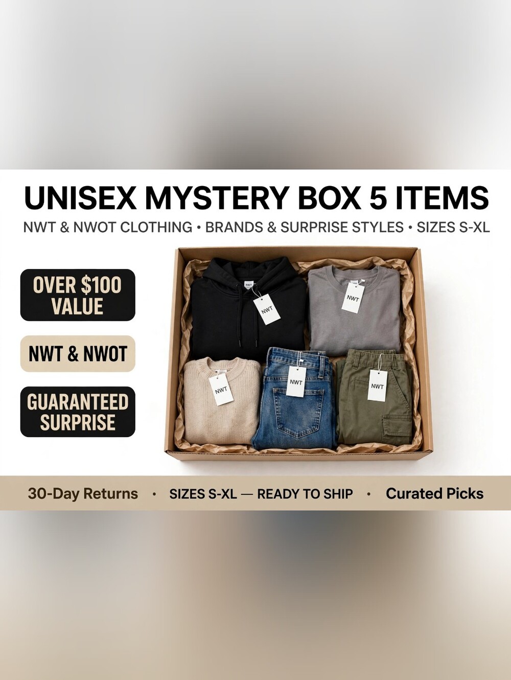 Unisex Mystery Box - 5 Items (Includes Black, Gray, Beige, Blue, Olive)